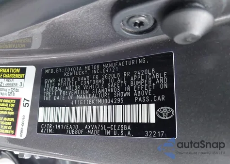 2021 Toyota Camry Se Awd из США, поврежденный, VIN 4T1G11BK1MU034295